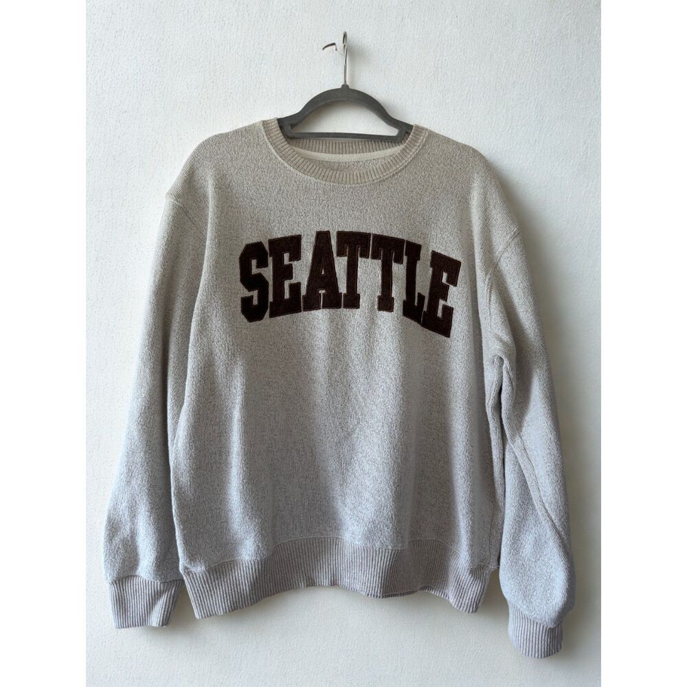 New York Popular Seattle Crewneck Sweatshirt - Sz L - Oatmeal & Brown